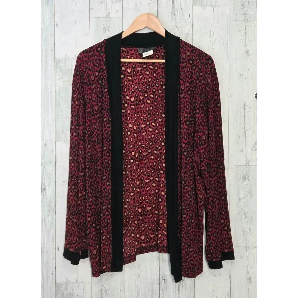 VTG Slinky Brand Red Leopard Animal Print Open Front Cardigan Sz. 1X